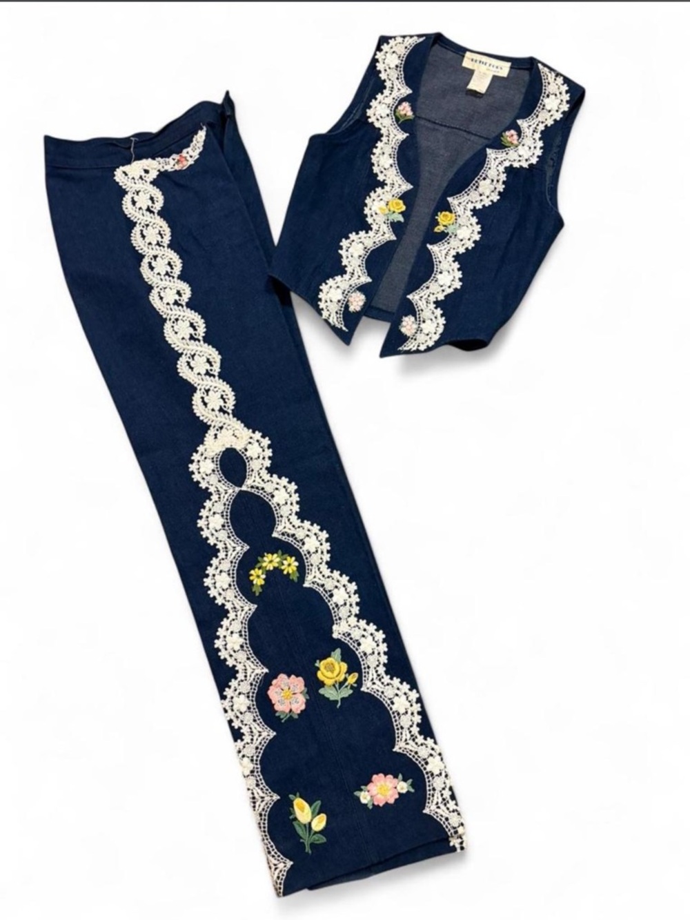 Two-Piece Navy Embroidered Lace Trim Pant Set - Picture 2 of 4